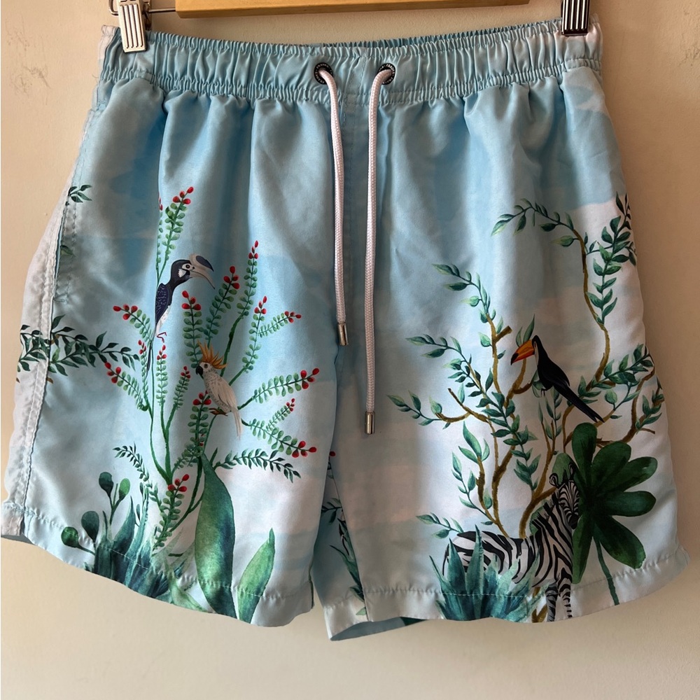 Franks Australia Daintree Sky Toucan Bird Lined Swim Trunks Mens Size Medium